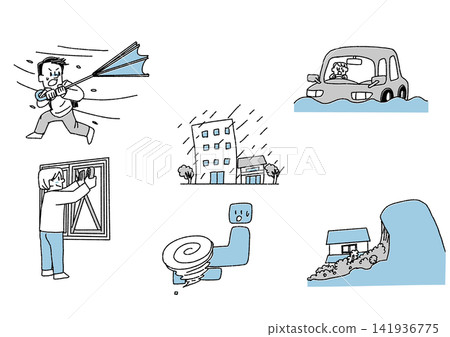 A set of illustrations for typhoon preparedness and warnings about damage (strong winds, window reinforcement, landslides). A set of illustrations for typhoon preparedness and warnings about damage (strong winds, window reinforcement, landslides). 141936775