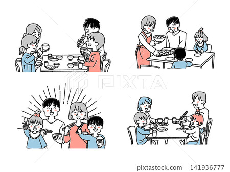 一組描繪一家人用餐的插圖(餐桌、家庭時光、食物教育、上菜) 一組描繪一家人用餐的插圖(餐桌、家庭時光、食物教育、上菜) 141936777