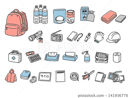 Illustration set of disaster preparedness supplies and emergency survival kits (stockpiling supplies, emergency food, first-aid kit) 141936778