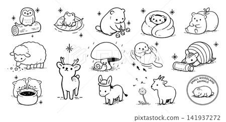 A set of pen-and-ink illustrations of small animals (resting, playing, eating) 141937272