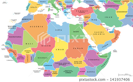 North Africa and the Middle East, multi colored political map, with international borders. Northern Africa, the northern part of the African continent, and the geopolitical region West Asia. Vector North Africa and the Middle East, multi colored political map, with international borders. Northern Africa, the northern part of the African continent, and the geopolitical region West Asia. Vector 141937406