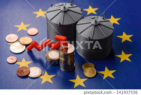 Liquefied gas storage tanks set against the EU flag as a background for your design 141937536