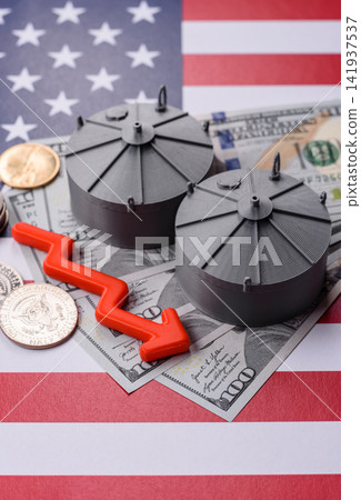 Liquefied gas storage tanks set against the USA flag as a background for your design Liquefied gas storage tanks set against the USA flag as a background for your design 141937537