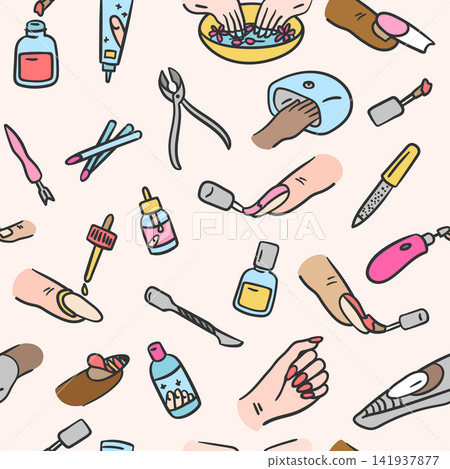 Nail Manicure Colored Symbols Seamless Pattern Background Hand Drawn Doodle Style for Web and App Design. Vector illustration Nail Manicure Colored Symbols Seamless Pattern Background Hand Drawn Doodle Style for Web and App Design. Vector illustration 141937877