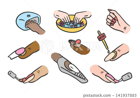 Nail Manicure Procedure Process Color Thin Line Set Hand Drawn Doodle Style. Vector illustration of Spa Nail Manicure Procedure Process Color Thin Line Set Hand Drawn Doodle Style. Vector illustration of Spa 141937883