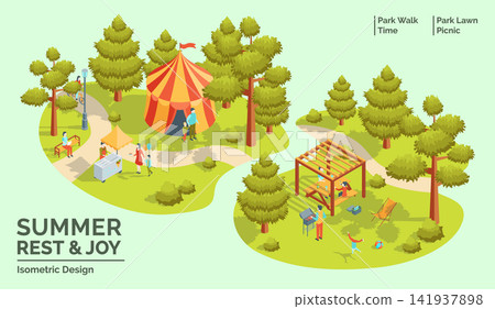 Cartoon Color Summer Rest and Joy Concept Park Walk Time and Park Lawn Picnic 3d Isometric View. Vector illustration Cartoon Color Summer Rest and Joy Concept Park Walk Time and Park Lawn Picnic 3d Isometric View. Vector illustration 141937898