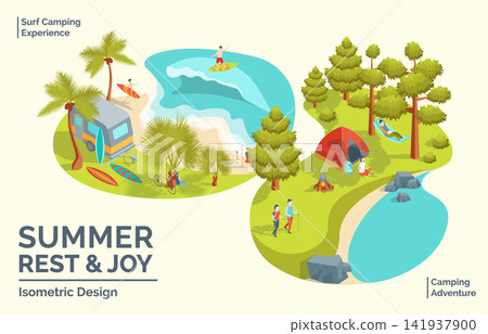 Cartoon Color Summer Rest and Joy Concept Camping Adventure and Surf Camping Experience 3d Isometric View. Vector illustration Cartoon Color Summer Rest and Joy Concept Camping Adventure and Surf Camping Experience 3d Isometric View. Vector illustration 141937900
