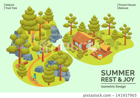 Cartoon Color Summer Rest and Joy Concept Forest House Retreat and Nature Trail Trek 3d Isometric View. Vector illustration Cartoon Color Summer Rest and Joy Concept Forest House Retreat and Nature Trail Trek 3d Isometric View. Vector illustration 141937903