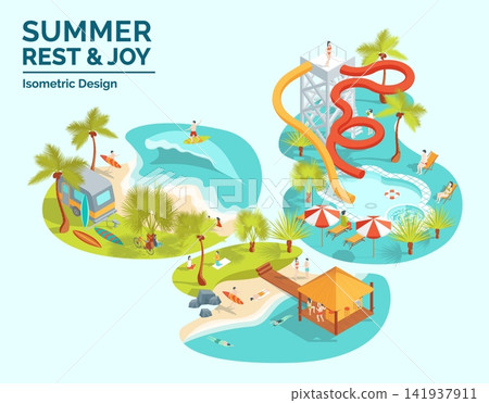 Cartoon Color Summer Rest and Joy Concept Water Park, Surf Camping and Beach 3d Isometric View. Vector illustration Cartoon Color Summer Rest and Joy Concept Water Park, Surf Camping and Beach 3d Isometric View. Vector illustration 141937911