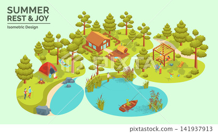 Cartoon Color Summer Rest and Joy Concept Forest House, Picnic, Fishing Trip and Camping 3d Isometric View. Vector illustration Cartoon Color Summer Rest and Joy Concept Forest House, Picnic, Fishing Trip and Camping 3d Isometric View. Vector illustration 141937913