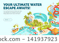 Cartoon Color Your Ultimate Water Escape Awaits Concept Banner 3d Isometric View. Vector illustration of Swimming Pool Fun 141937923