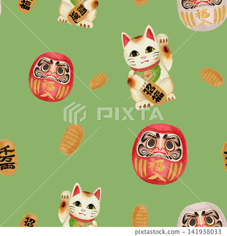 Daruma doll and Maneki-neko illustration seamless pattern Daruma doll and Maneki-neko illustration seamless pattern 141938033