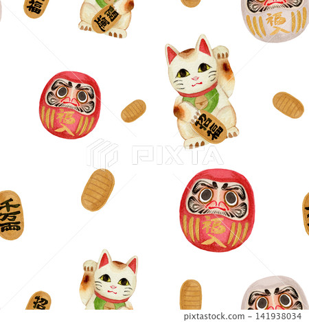 Daruma doll and Maneki-neko illustration seamless pattern Daruma doll and Maneki-neko illustration seamless pattern 141938034