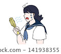 Female student in summer uniform, handheld fan, portable fan, summer, hot, sweat, illustration 141938355