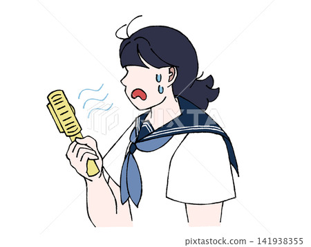 Female student in summer uniform, handheld fan, portable fan, summer, hot, sweat, illustration Female student in summer uniform, handheld fan, portable fan, summer, hot, sweat, illustration 141938355