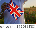 Person holding union jack flag in poppy field 141938583