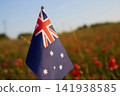Australian flag waving in poppy field sunset 141938585