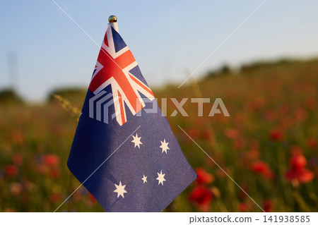 Australian flag waving in poppy field sunset Australian flag waving in poppy field sunset 141938585