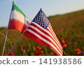 Iran and usa flags representing international diplomacy in meadow 141938586
