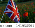 Union jack flag standing in a field of poppies 141938591