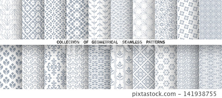 Geometric floral set of seamless patterns. White and gray vector backgrounds. Damask graphic ornaments 141938755