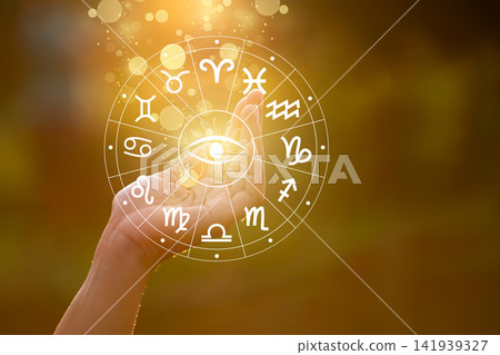 Astrology Zodiac Wheel With All Seeing Eye In Palm Of Hand Horoscope Concept Astrology Zodiac Wheel With All Seeing Eye In Palm Of Hand Horoscope Concept 141939327