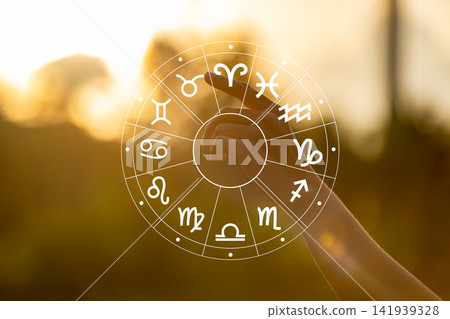 Astrology Zodiac Wheel With All Seeing Eye In Palm Of Hand Horoscope Concept 141939328