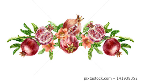 Red pomegranates with flowers and leaves. Horizontal composition with ripe fruits, whole and cut. Hand drawn watercolor illustration in a botanical style for greeting cards, juice labels and cosmetics Red pomegranates with flowers and leaves. Horizontal composition with ripe fruits, whole and cut. Hand drawn watercolor illustration in a botanical style for greeting cards, juice labels and cosmetics 141939352