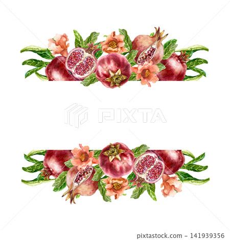 Pomegranate template for text insertion. Ripe red fruits, green leaves and flowers. Hand drawn watercolor illustration in a botanical style for greeting cards, juice labels and natural cosmetics. Pomegranate template for text insertion. Ripe red fruits, green leaves and flowers. Hand drawn watercolor illustration in a botanical style for greeting cards, juice labels and natural cosmetics. 141939356
