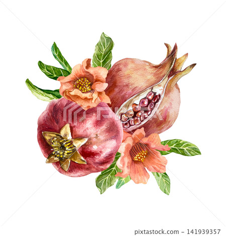 Ripe red pomegranates. The fruit is whole, cut open, revealing the seeds, flowers and green leaves. Hand drawn watercolor illustration in a botanical style for juice labels and natural cosmetics. Ripe red pomegranates. The fruit is whole, cut open, revealing the seeds, flowers and green leaves. Hand drawn watercolor illustration in a botanical style for juice labels and natural cosmetics. 141939357