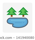 Forest pond vector icon, evergreen trees, freshwater landscape, nature conservation symbol. 141940080