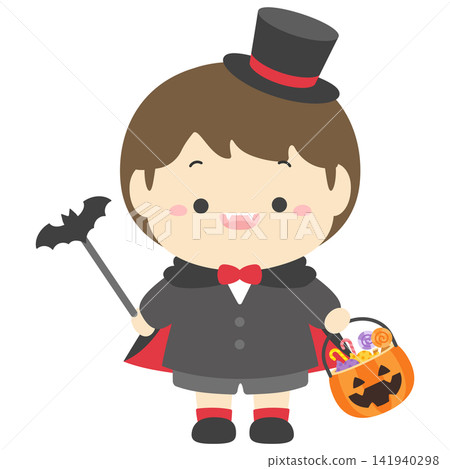 Vector illustration of a child in a Halloween vampire costume with candy. Vector illustration of a child in a Halloween vampire costume with candy. 141940298