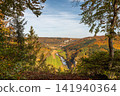 Scenic autumn view of the Upper Danube Valley with Beuron Abbey, Swabian Alb, Germany 141940364