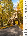Country road and natural rock tunnel in autumn, Upper Danube Nature Park, Swabian Alb, Germany 141940365