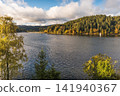 Scenic view over Lake Schluchsee with the dam wall in the background, Black Forest, Germany 141940367
