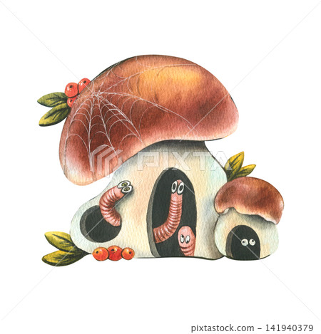 Watercolor illustration of cute mushroom house with funny worms. Hand drawn forest habitat with berries and cobweb. Decorative autumn themed artwork for children design projects. Watercolor illustration of cute mushroom house with funny worms. Hand drawn forest habitat with berries and cobweb. Decorative autumn themed artwork for children design projects. 141940379