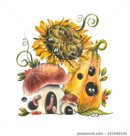 Watercolor illustration of cute autumn pumpkin house with sunflower and mushroom home for small characters. Funny vegetable harvest scene for nursery decoration and holiday greeting card. 141940380