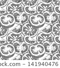 A seamless pattern of pomidoro slices. A background for packaging and textiles. Round slices, halves, and pieces of tomato on top of each other. A vector line sketch in retro ink style. 141940476