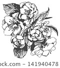 Outline sketch of spring pear blossom. Vector illustration of apple Flowers. Retro style clipart for cosmetics and perfumes, wedding. Sloppy ink drawing. Hand drawn. Imitation of engraving. 141940478