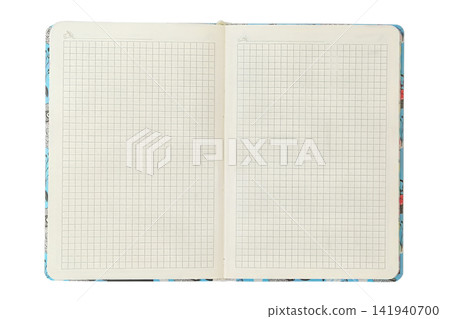Open notebook for notes with checkered paper isolated on a white background. Pages in neutral tones. Mockup of diary. Top view. Copy space. Open notebook for notes with checkered paper isolated on a white background. Pages in neutral tones. Mockup of diary. Top view. Copy space. 141940700