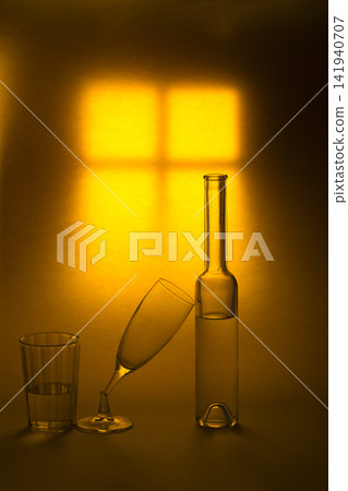 Still life with a bottle, a glass and a broken glass Still life with a bottle, a glass and a broken glass 141940707