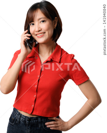 Asian woman smiling in red shirt with hand on hip isolated against transparent background, expressing confidence and friendly professionalism Asian woman smiling in red shirt with hand on hip isolated against transparent background, expressing confidence and friendly professionalism 141940840
