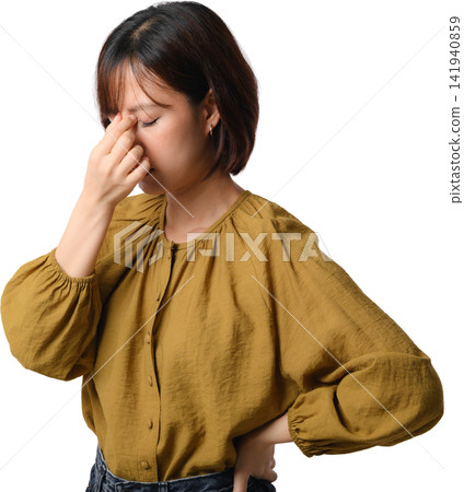 Asian woman touching nose with eyes closed and thoughtful expression isolated on transparent background 141940859