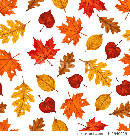 Seamless autumn leaves pattern featuring maple, oak, and birch foliage in warm fall colors. Vector background perfect for fabric, wallpaper, wrapping paper, and decor. Seamless autumn leaves pattern featuring maple, oak, and birch foliage in warm fall colors. Vector background perfect for fabric, wallpaper, wrapping paper, and decor. 141940929