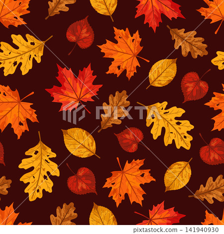 Seamless autumn leaves pattern featuring maple, oak, and birch foliage in warm fall colors. Vector background perfect for fabric, wallpaper, wrapping paper, and decor. Seamless autumn leaves pattern featuring maple, oak, and birch foliage in warm fall colors. Vector background perfect for fabric, wallpaper, wrapping paper, and decor. 141940930