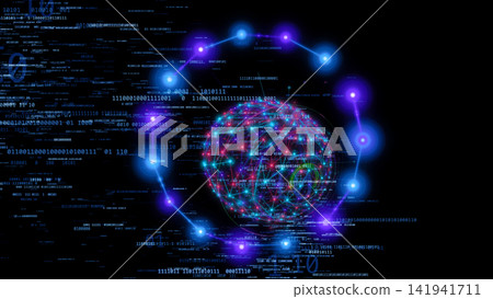 數位網路的圖形設計,其中發光的節點以圓形圖案連接在一起。 數位網路的圖形設計,其中發光的節點以圓形圖案連接在一起。 141941711