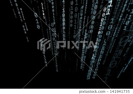 Abstract graphic of digital binary code flowing vertically against a black background. Abstract graphic of digital binary code flowing vertically against a black background. 141941735