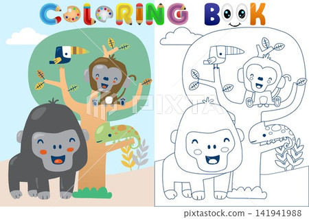 Coloring Book Page for Kids Featuring Cute Jungle Animals Gorilla Monkey Toucan and Chameleon Coloring Book Page for Kids Featuring Cute Jungle Animals Gorilla Monkey Toucan and Chameleon 141941988