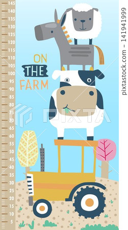 Cute Farm Animal Growth Chart for Kids Featuring Cow Donkey Sheep and Tractor in Cartoon Style Cute Farm Animal Growth Chart for Kids Featuring Cow Donkey Sheep and Tractor in Cartoon Style 141941999