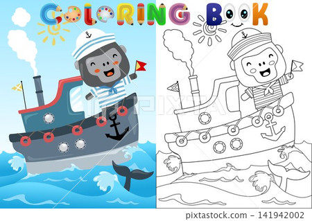 Coloring book page for kids featuring cute gorilla sailor on a tugboat ship sailing in the ocean Coloring book page for kids featuring cute gorilla sailor on a tugboat ship sailing in the ocean 141942002